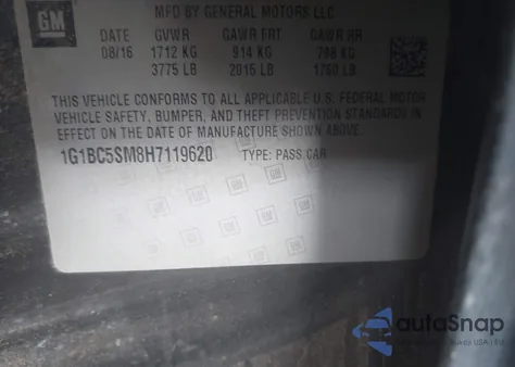 2017 Chevrolet Cruze Ls Auto z USA, uszkodzony, nr VIN 1G1BC5SM8H7119620